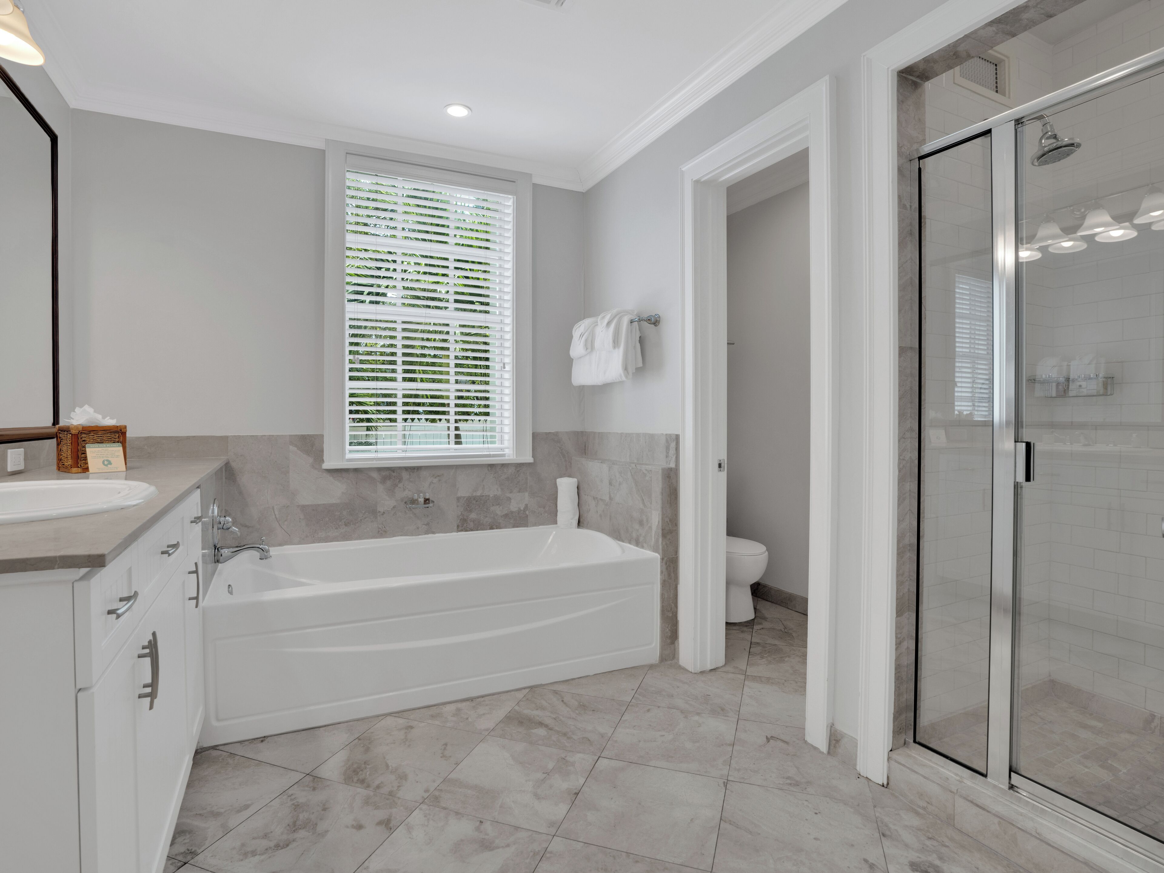 A modern bathroom with a freestanding bathtub, a glass shower enclosure, and a toilet.