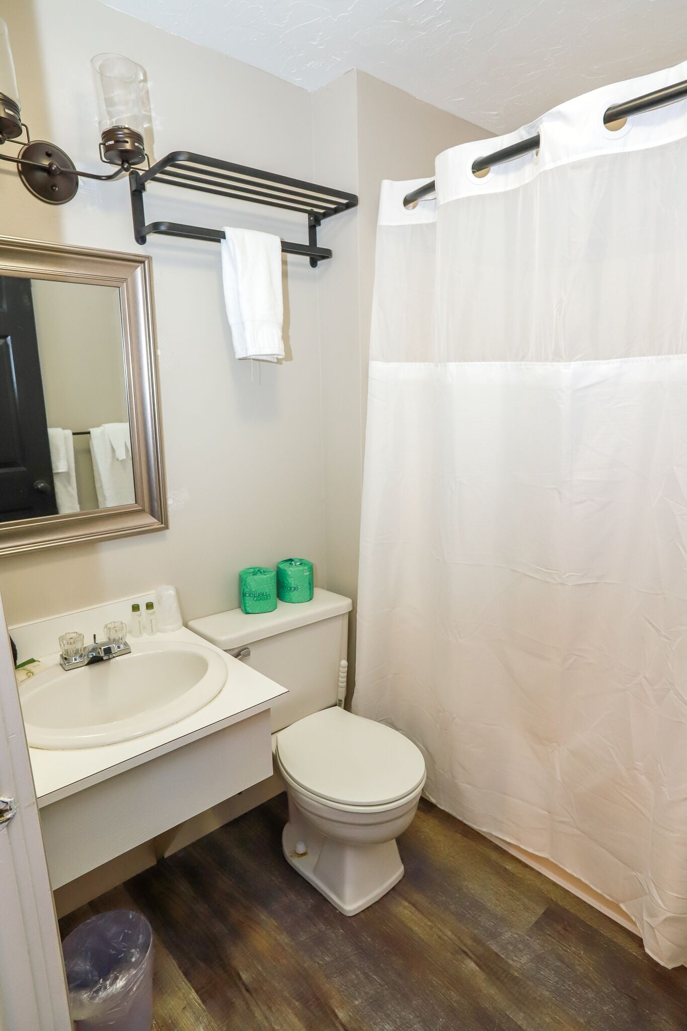 A bathroom with a sink, toilet, and shower curtain.