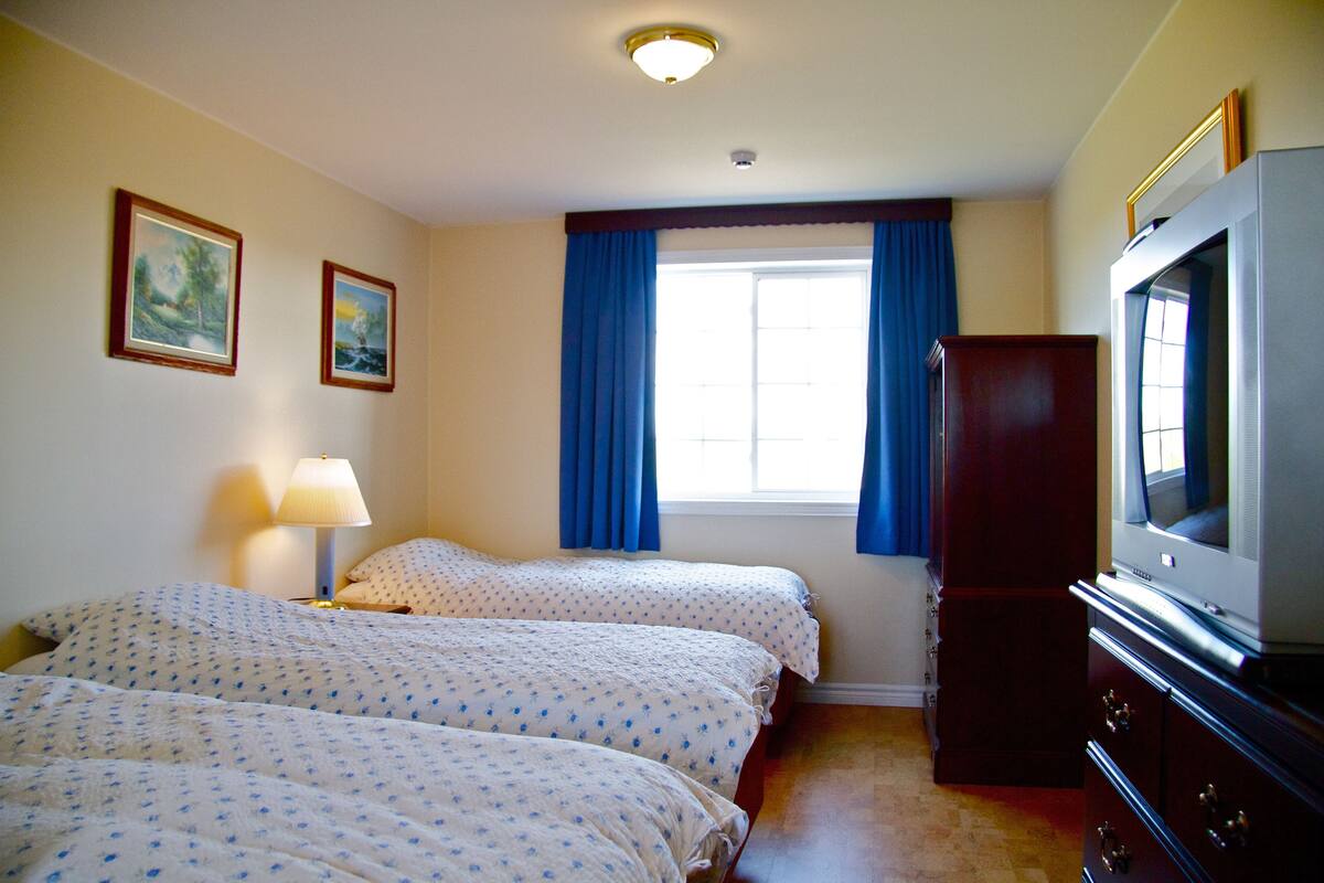 A hotel room with two beds, a television, and a window with curtains.