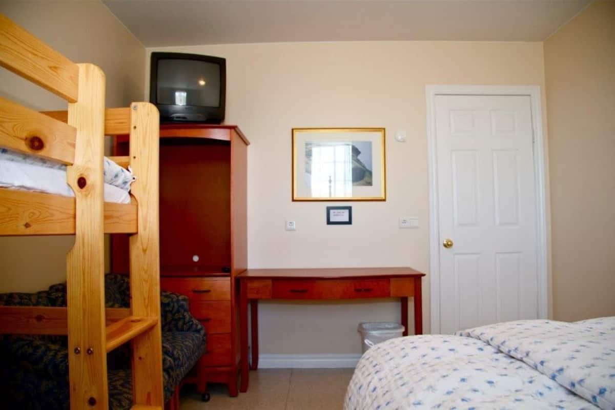 A room with a bunk bed, a desk, a chair, a television on a cabinet, a framed picture on the wall, and a door.