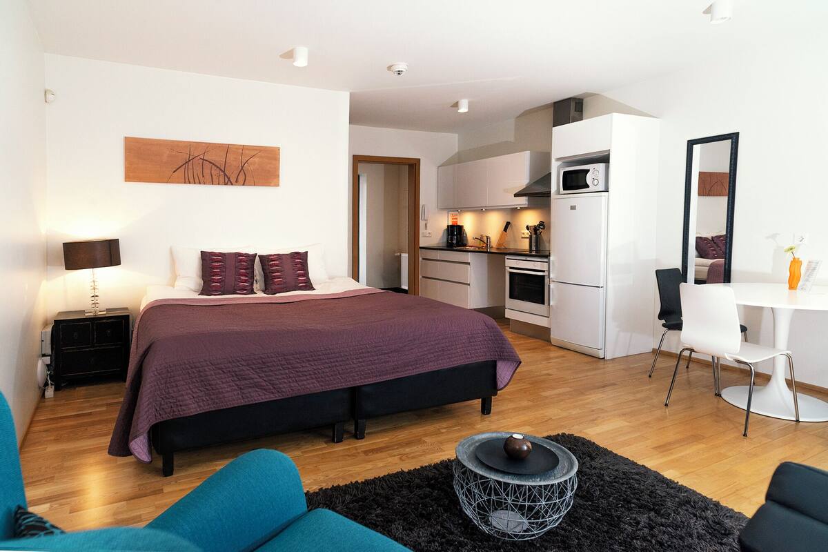 A compact bedroom with a bed, bedside table, lamp, and a small kitchenette.