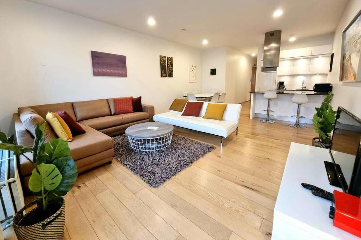 Deluxe Two-Bedroom Apartment with Balcony - Laugavegur 85 | Woonruimte | Een flatscreentelevisie en een dvd-speler