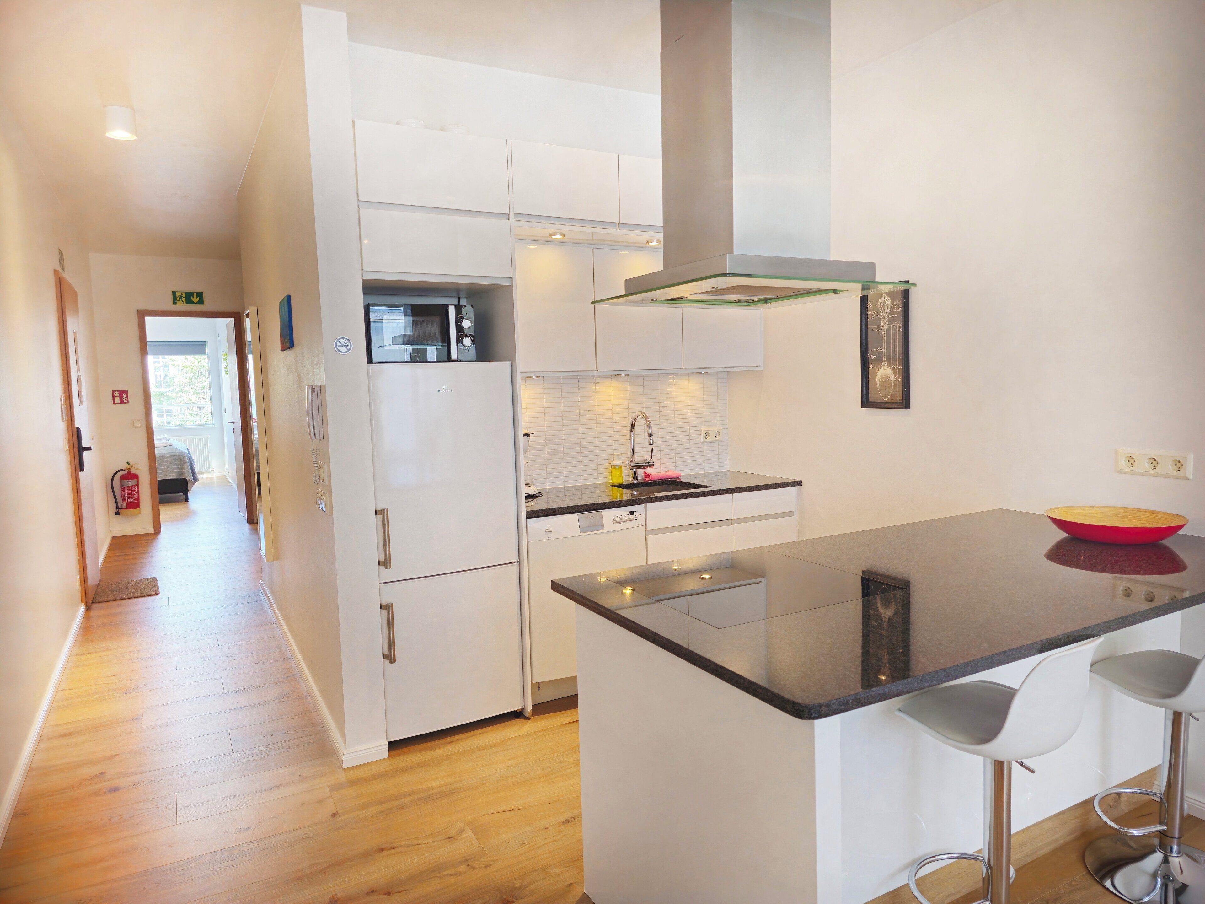 Deluxe Two-Bedroom Apartment with Balcony - Laugavegur 85 | Eget kök | Kylskåp, mikrovågsugn, spishäll och kaffe- och tebryggare