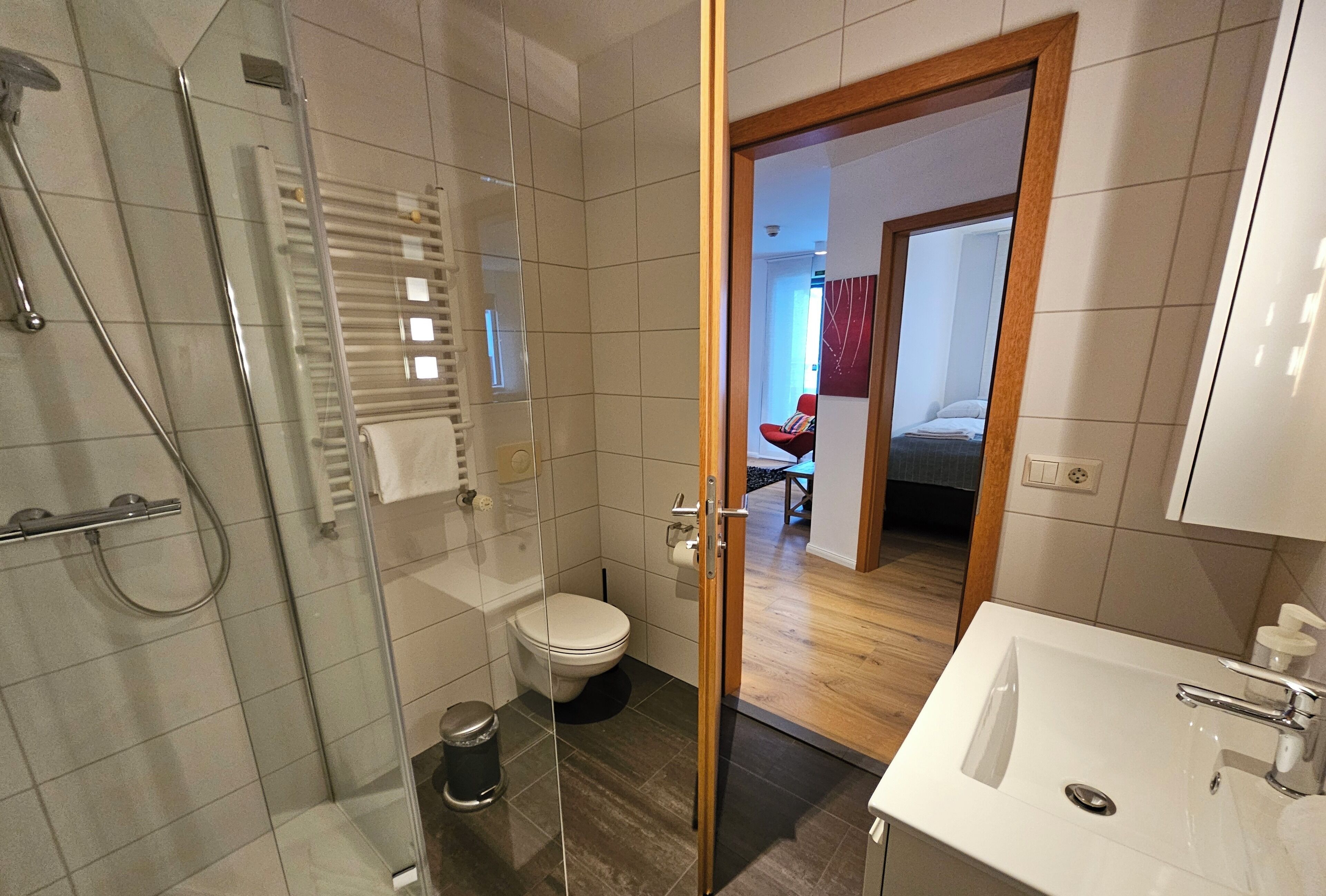 A modern bathroom with a glass shower enclosure, a toilet, and a sink.