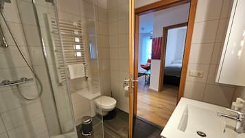 A modern bathroom with a glass shower enclosure, a toilet, and a sink.