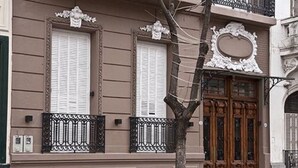 Fachada de edificio con ventanas simétricas, una puerta central con detalles de madera decorativos y un árbol en una jardinera.