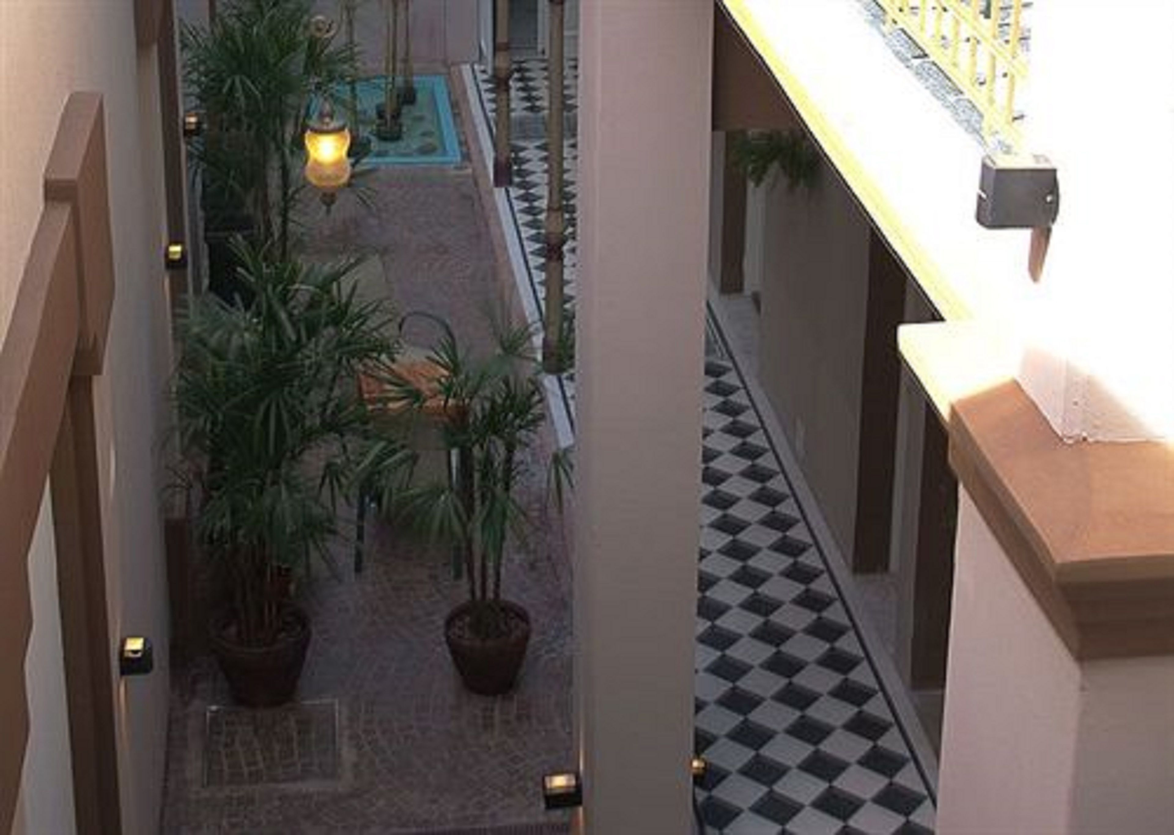 A narrow corridor with potted plants, a checkered floor, and a railing on one side.