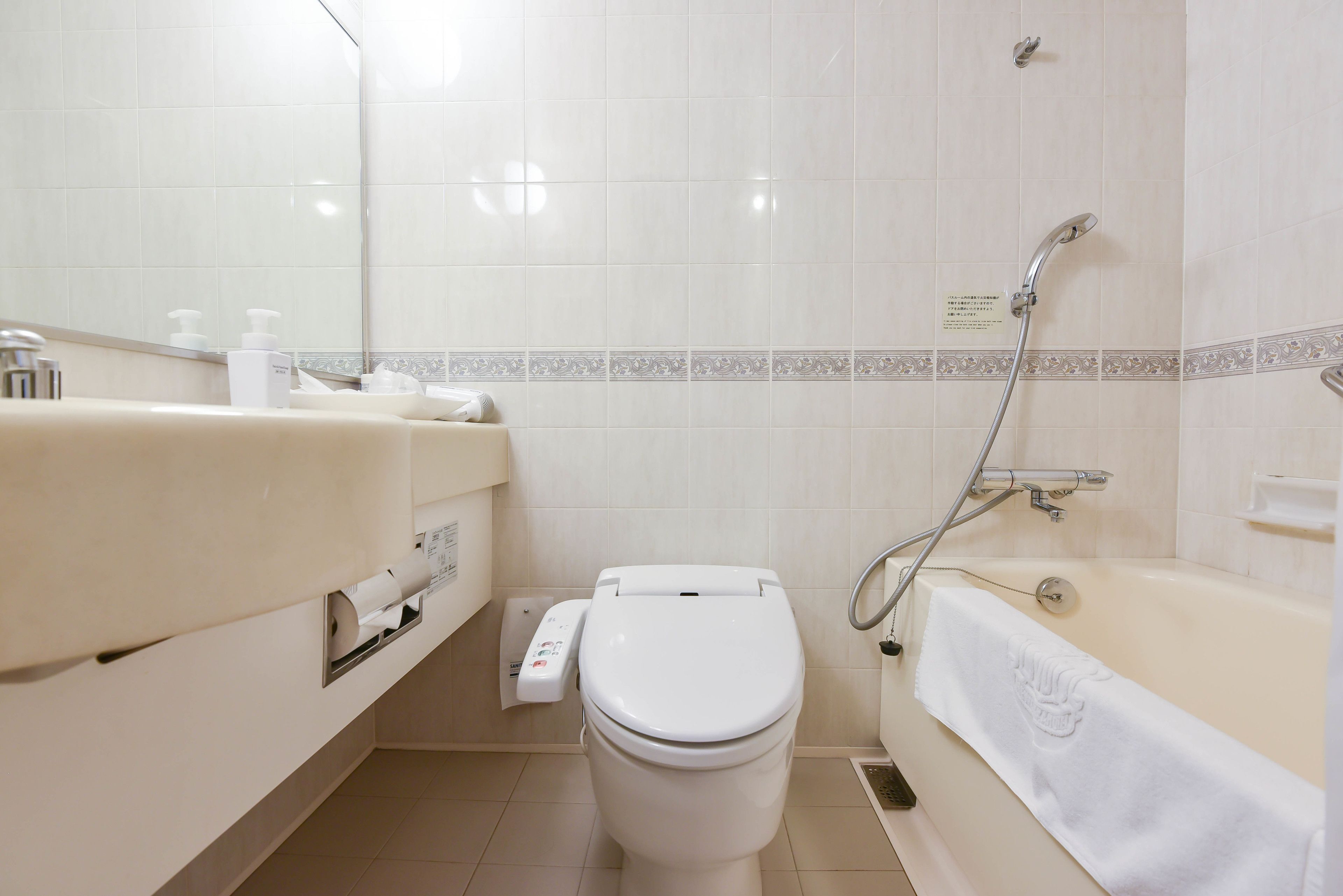 combined shower/bathtub, free toiletries, hair dryer, slippers