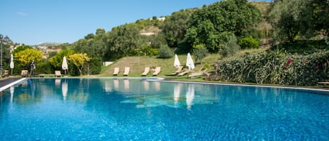Seasonal outdoor pool, pool umbrellas, pool loungers