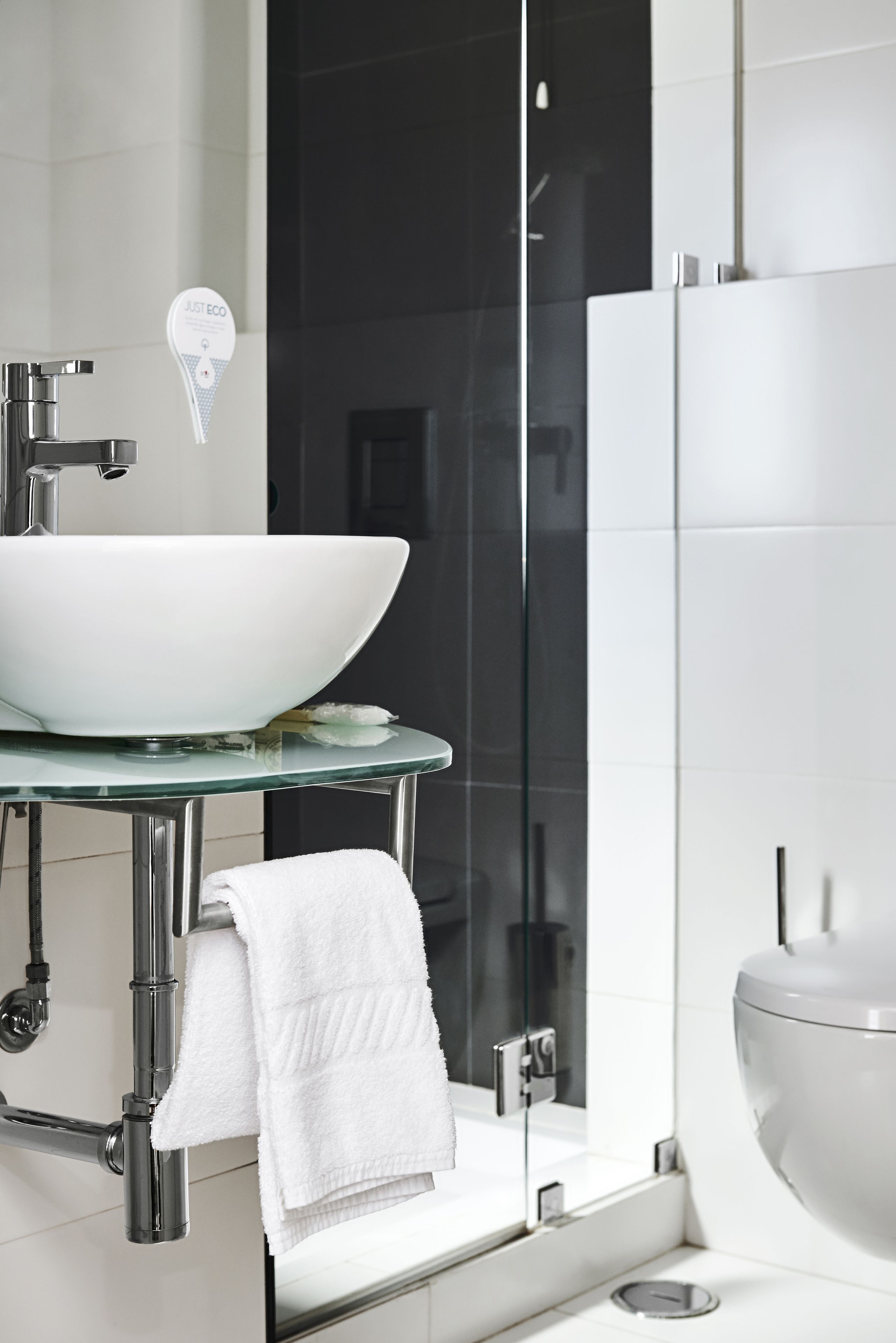 combined shower/bathtub, free toiletries, hair dryer, towels