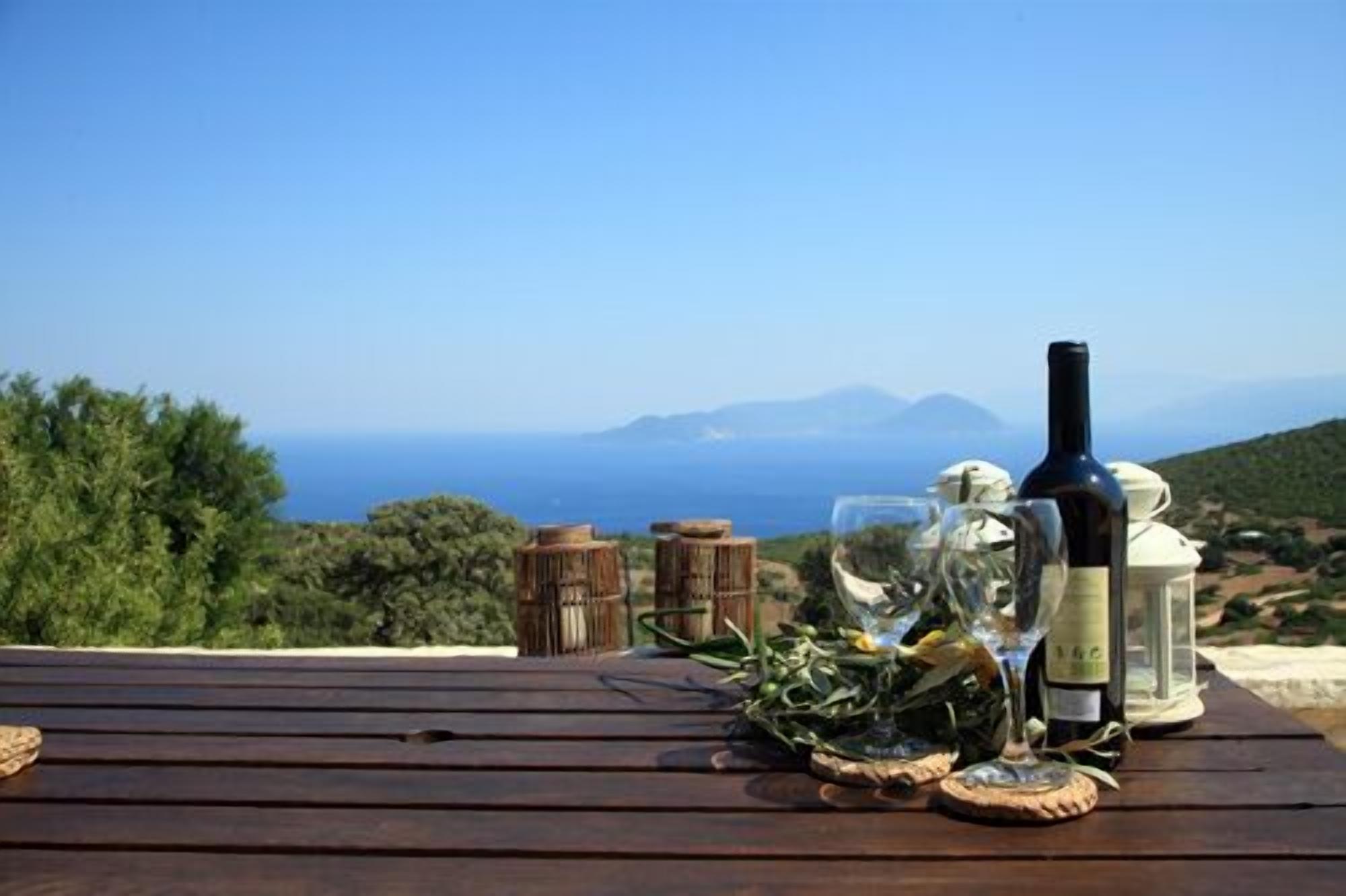 Una mesa de madera con una botella de vino, una copa y un vaso de agua en una terraza con vistas al mar y a las montañas.