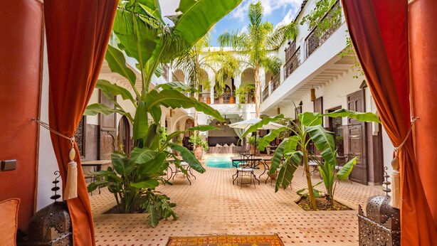A courtyard with a pool, outdoor seating, and lush greenery.