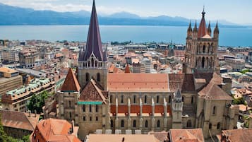 A cityscape with historic buildings, a prominent church spire, and a body of water in the background.