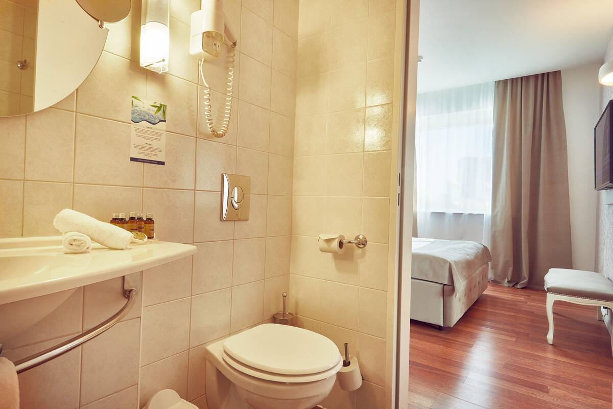 shower, free toiletries, hair dryer, towels