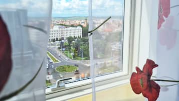 A window with a view of a cityscape, a red flower on the right, and a metal railing in the foreground.
