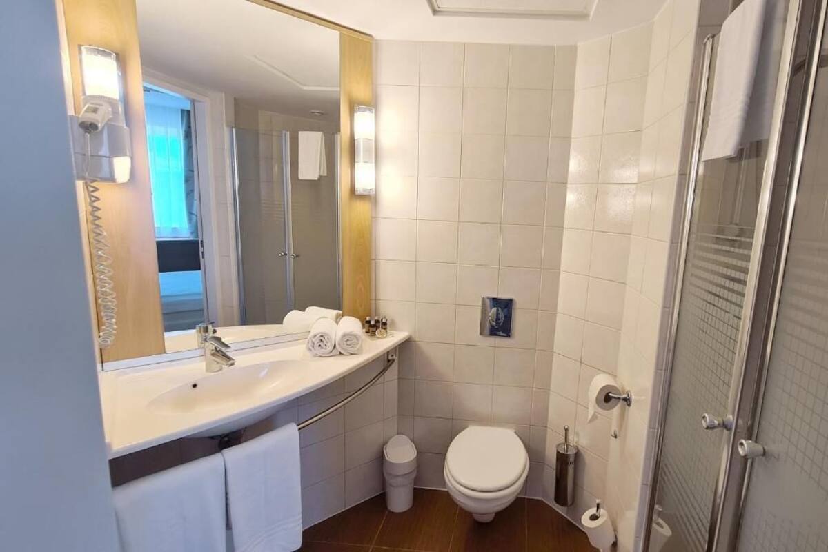 standard double room | bathroom | shower, free toiletries, hair dryer, towels