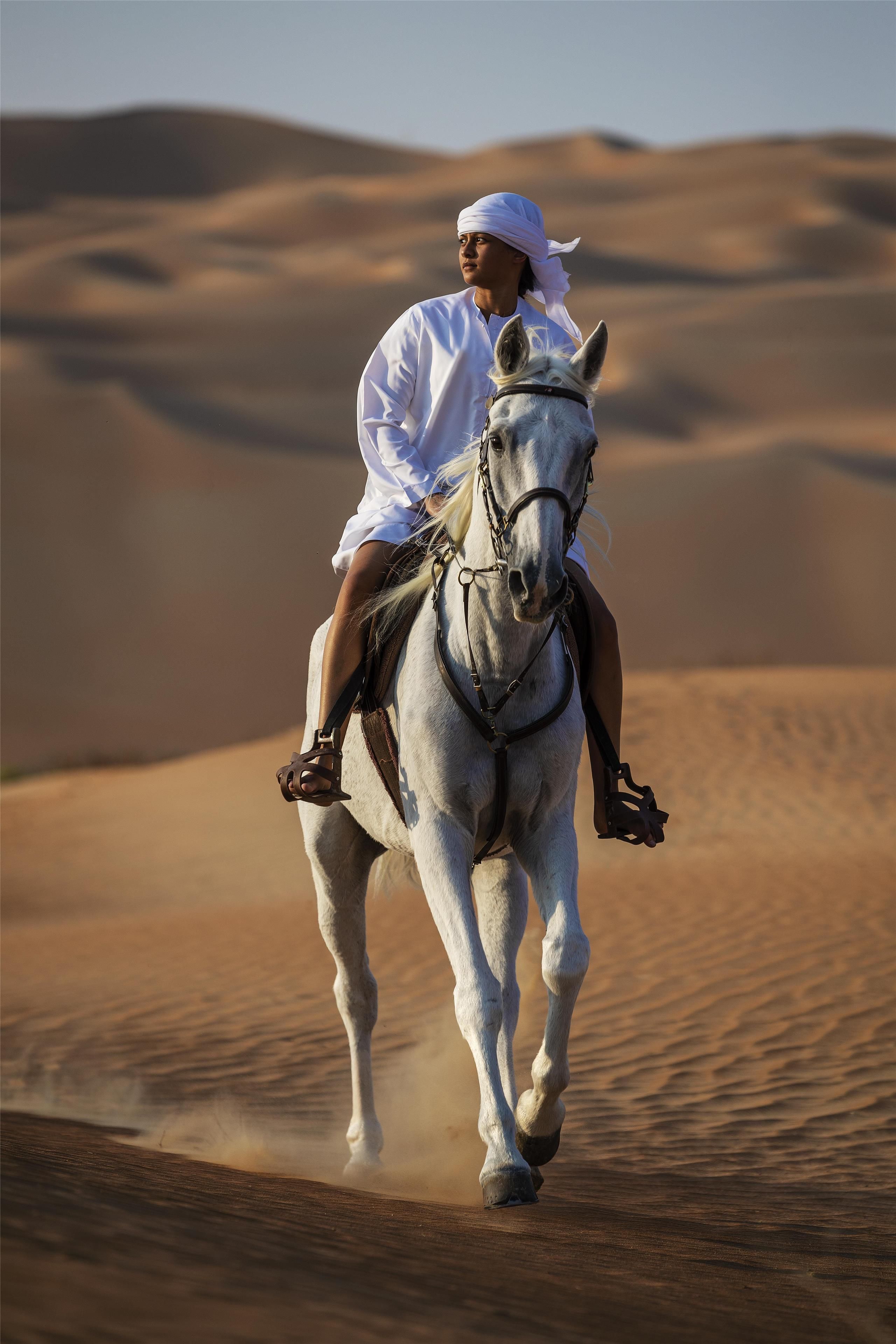 A person riding a horse through a desert landscape.