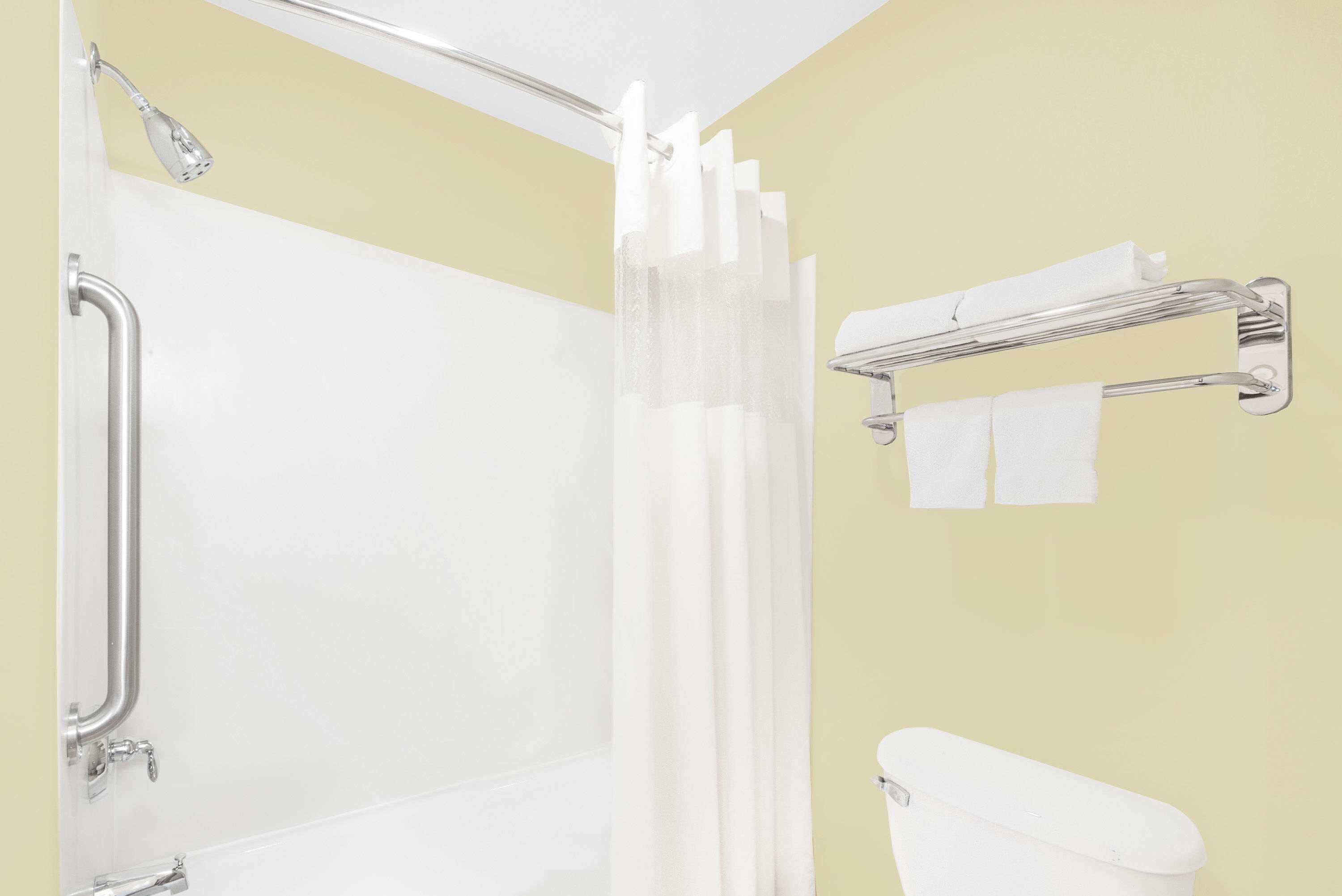 combined shower/bathtub, free toiletries, towels