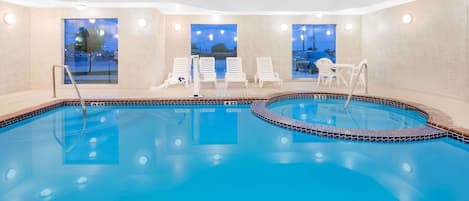 Indoor pool, open 8:00 AM to 10:00 PM, sun loungers