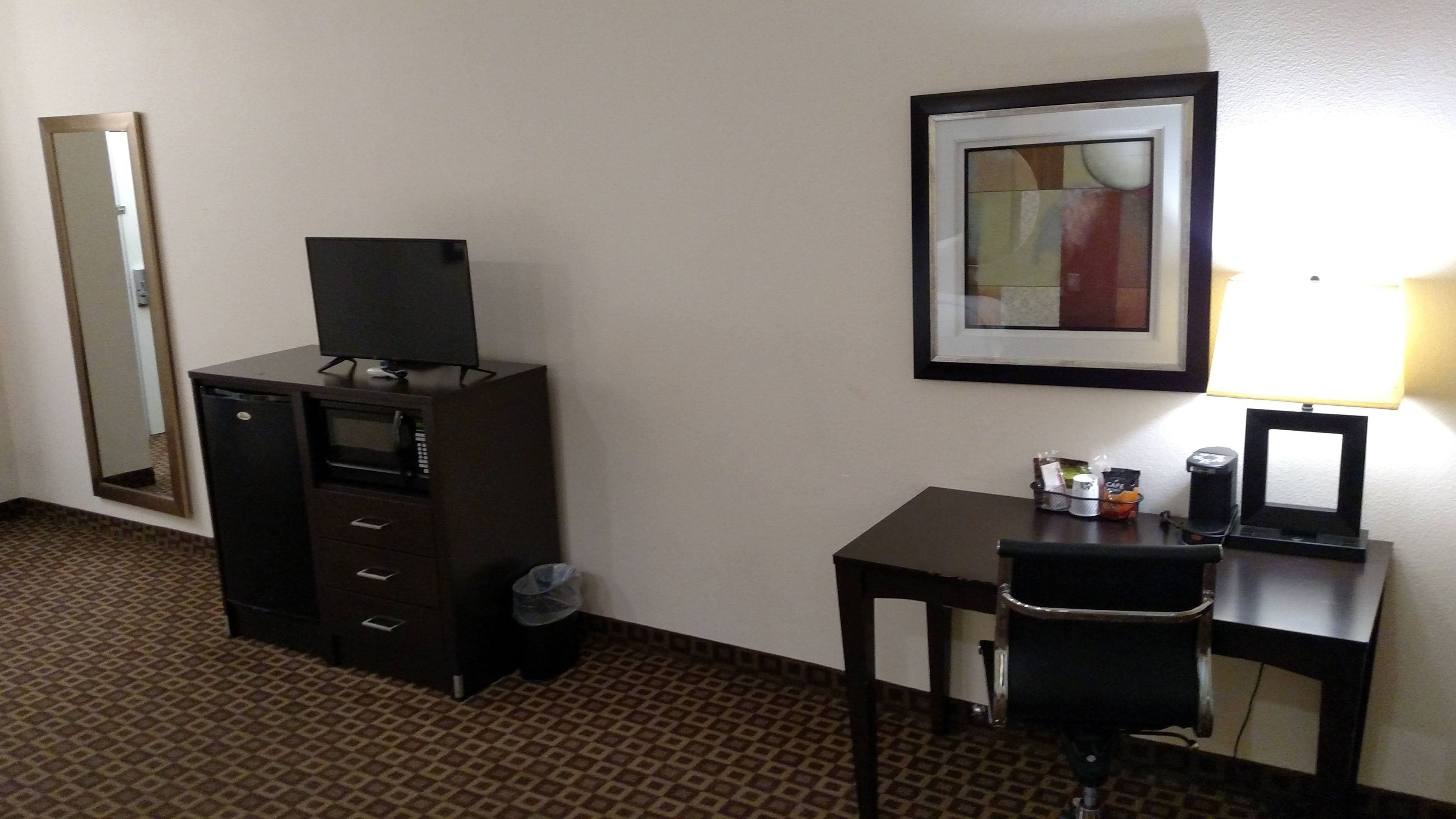 Una habitación de hotel con escritorio, silla, televisor sobre una cómoda, un cuadro en la pared y un cubo de basura.