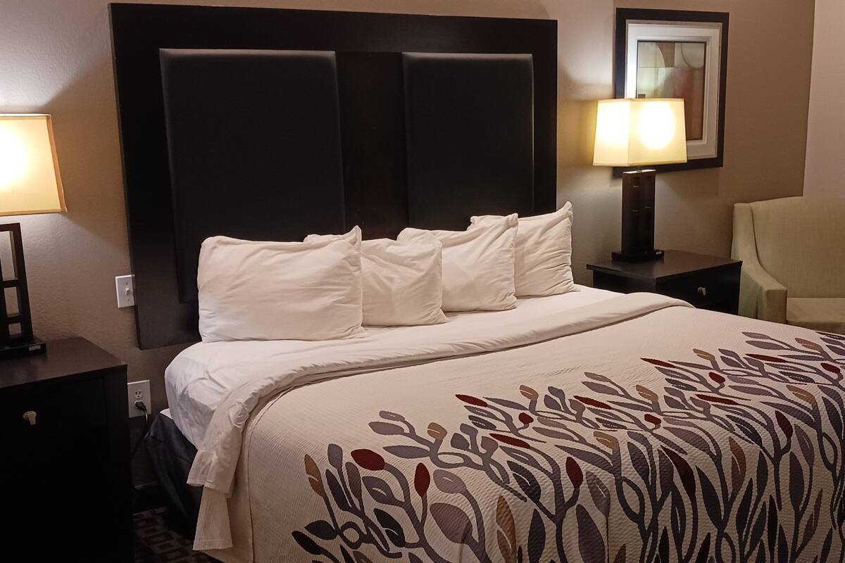 Une chambre d’hôtel avec un grand lit, deux tables de chevet, une chaise et deux lampes fixées au mur.
