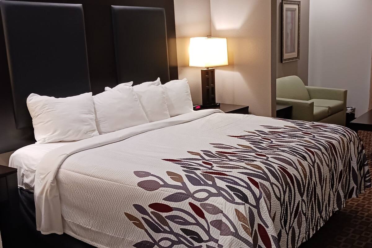 Une chambre d’hôtel équipée d’un lit, d’un bureau, d’une chaise, d’une lampe et d’un appareil de climatisation.