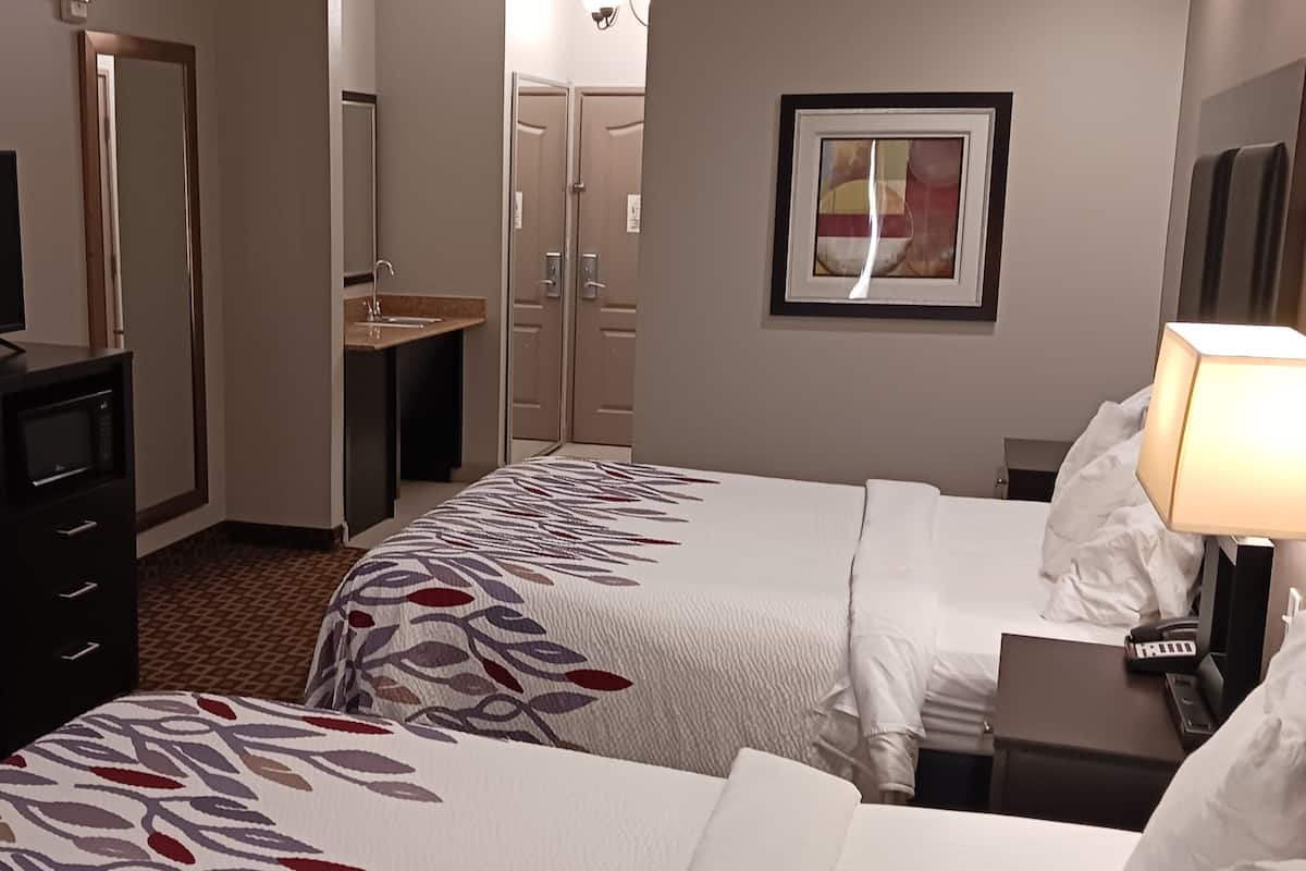 Une chambre d’hôtel avec deux lits, une télévision, un bureau avec une lampe, une salle de bain et un tableau encadré au mur.