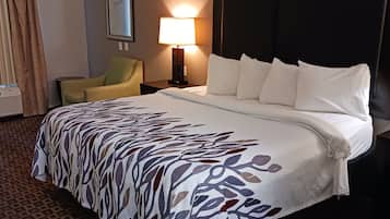A hotel room with a bed, a chair, a nightstand with a lamp, and a wall-mounted picture.