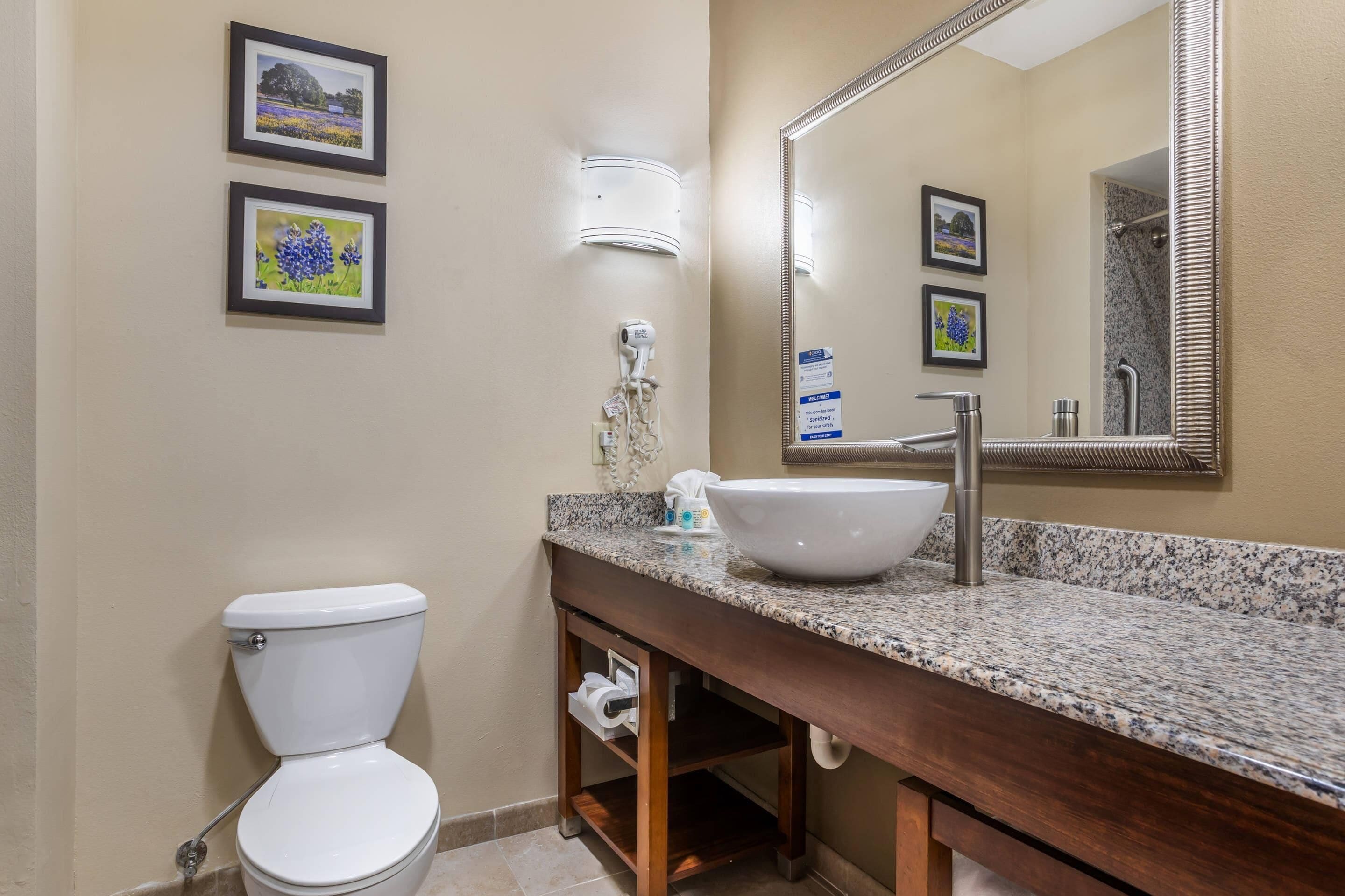 Ein Badezimmer mit Toilette, Waschbecken, Spiegel und gerahmten Bildern an der Wand.