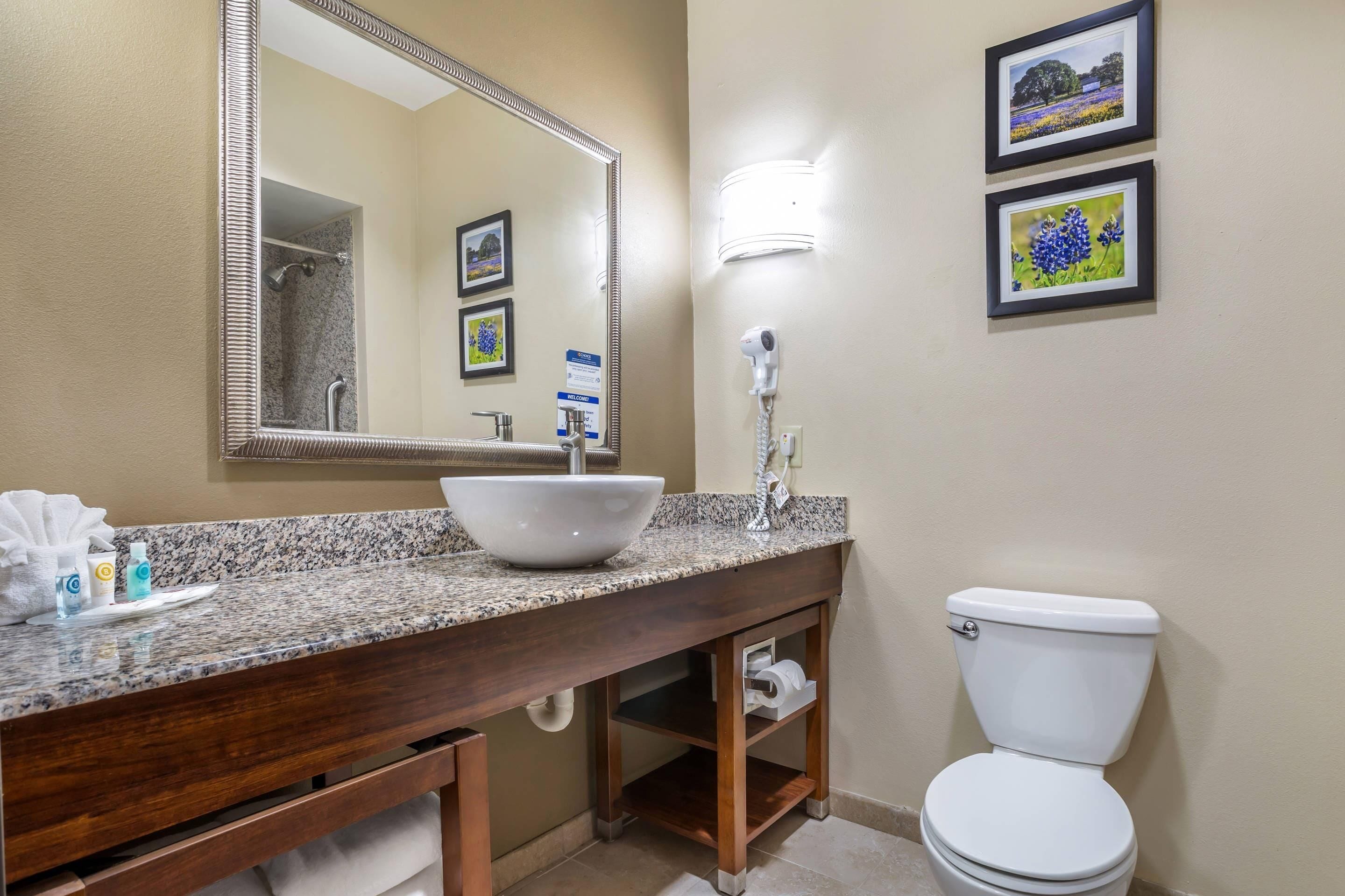 Une salle de bain avec un comptoir en granit, un lavabo blanc, un grand miroir, un sèche-cheveux fixé au mur et des toilettes.