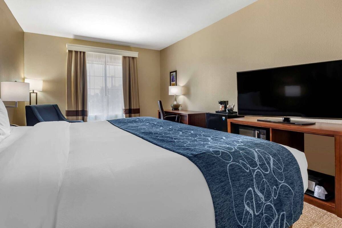 A hotel room with a large bed, a desk with a flat-screen TV, a chair, and a desk lamp.