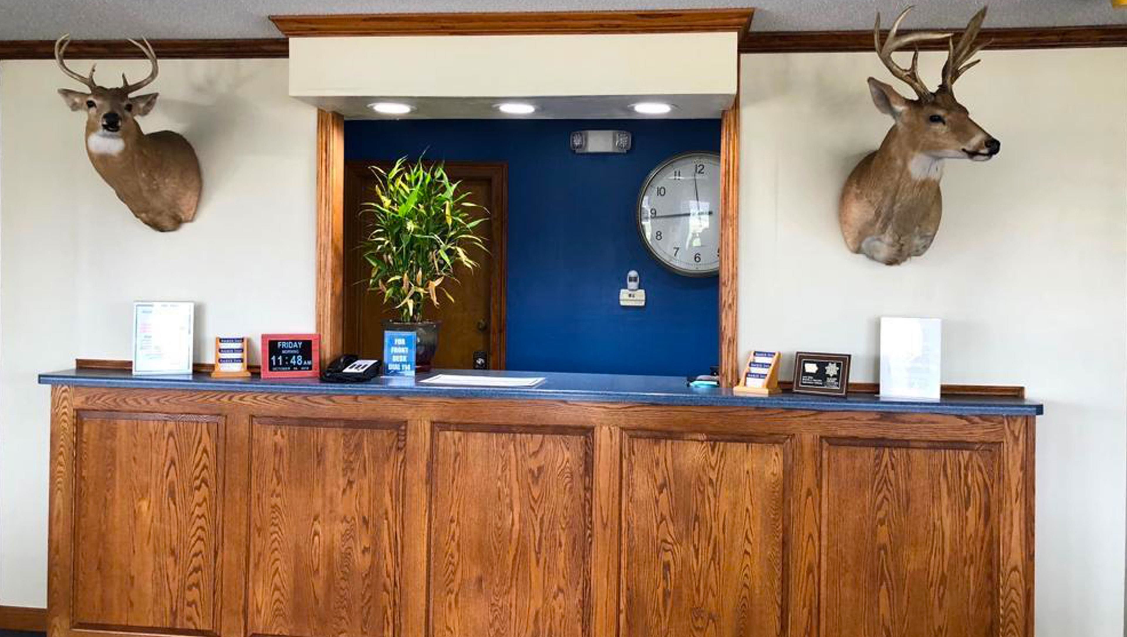 Un comptoir d’accueil avec des panneaux en bois, une horloge, une plante en pot et deux têtes de cerf fixées au mur.