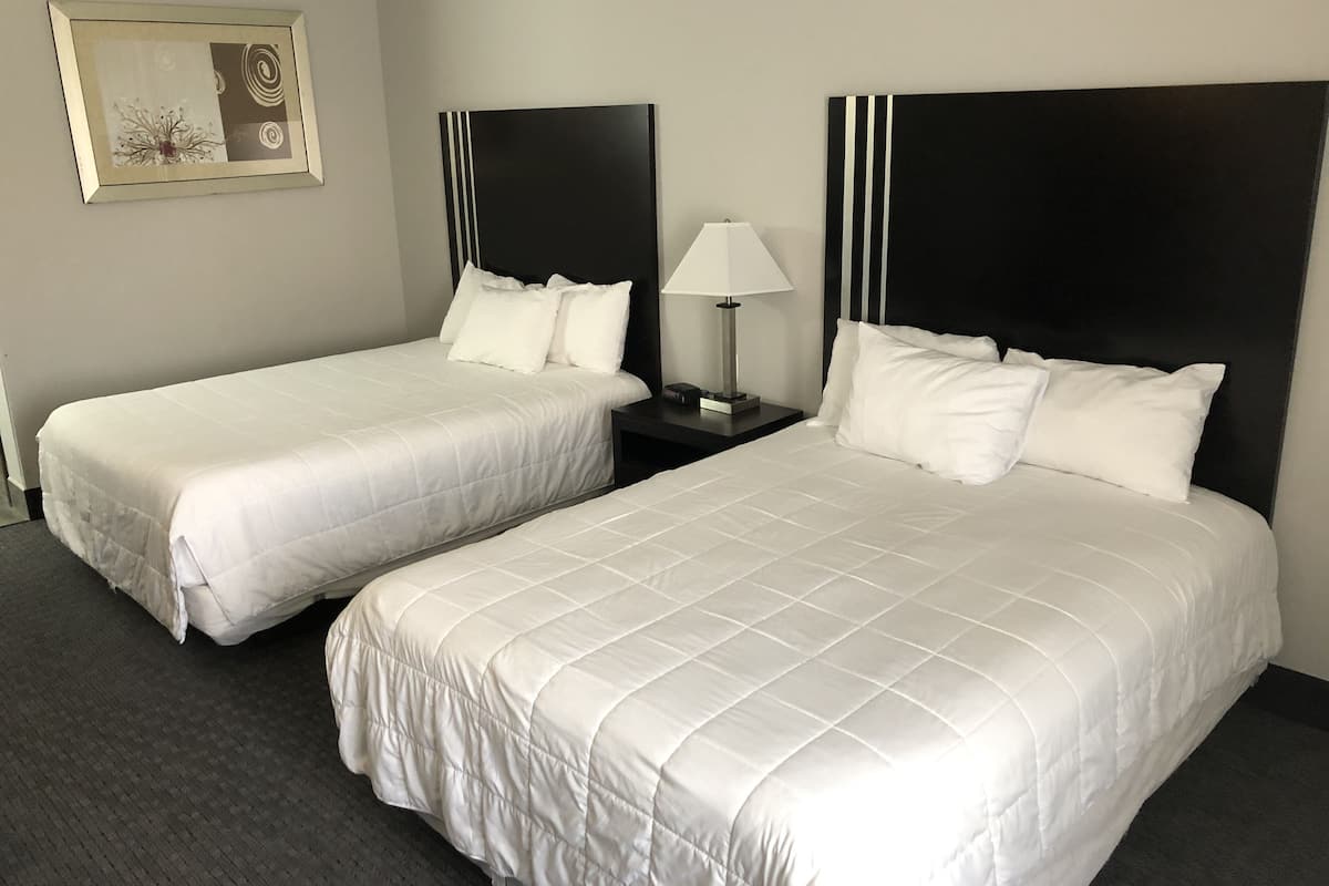 A hotel room with two beds, a nightstand with a lamp, and a framed picture on the wall.