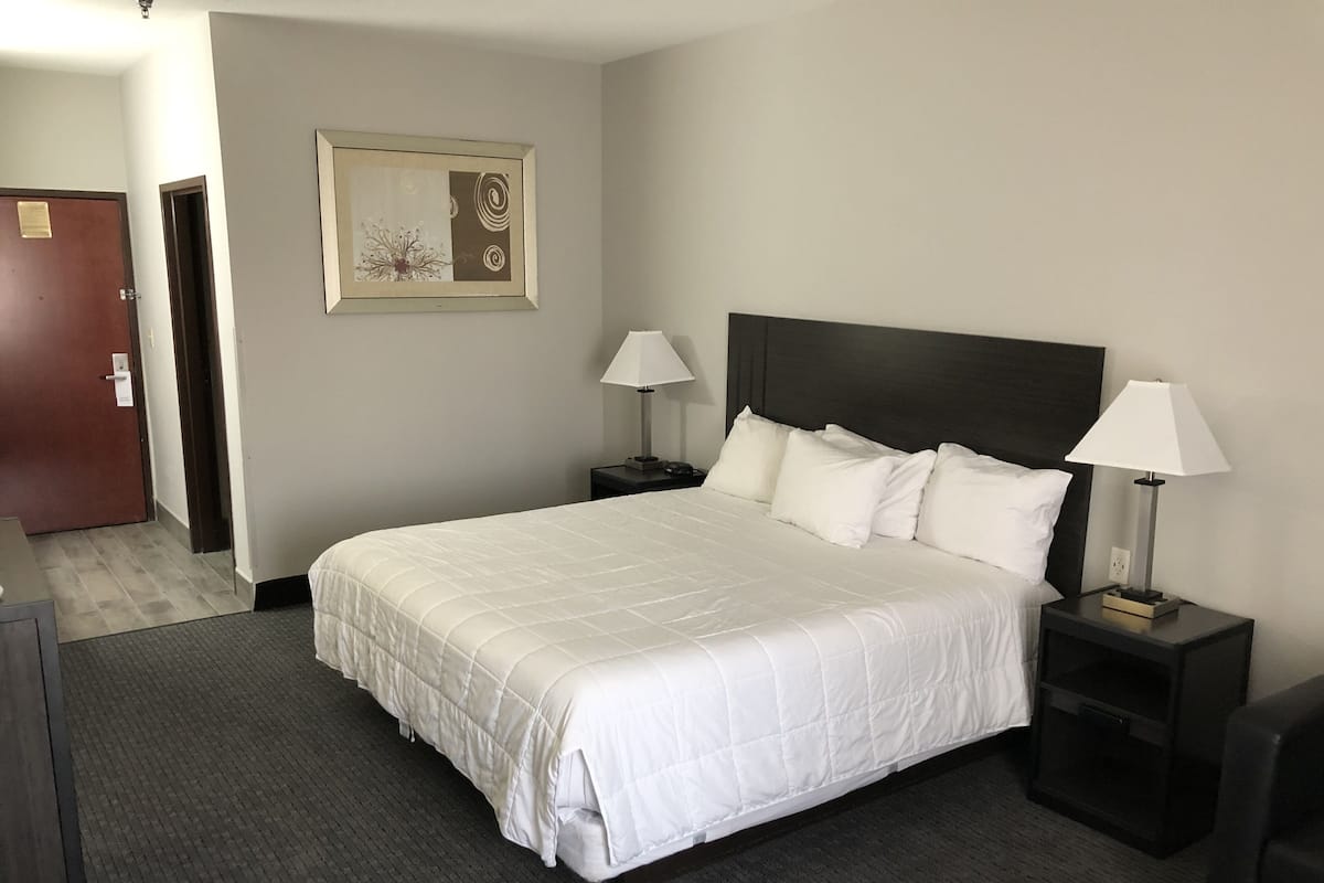 A neatly arranged hotel room with a large bed, two bedside tables with lamps, a framed artwork on the wall, and a door to the left.