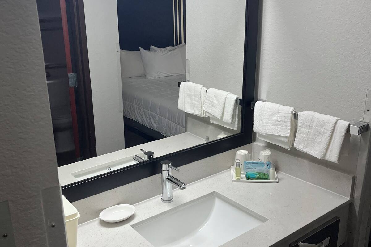 combined shower/bathtub, free toiletries, hair dryer, towels