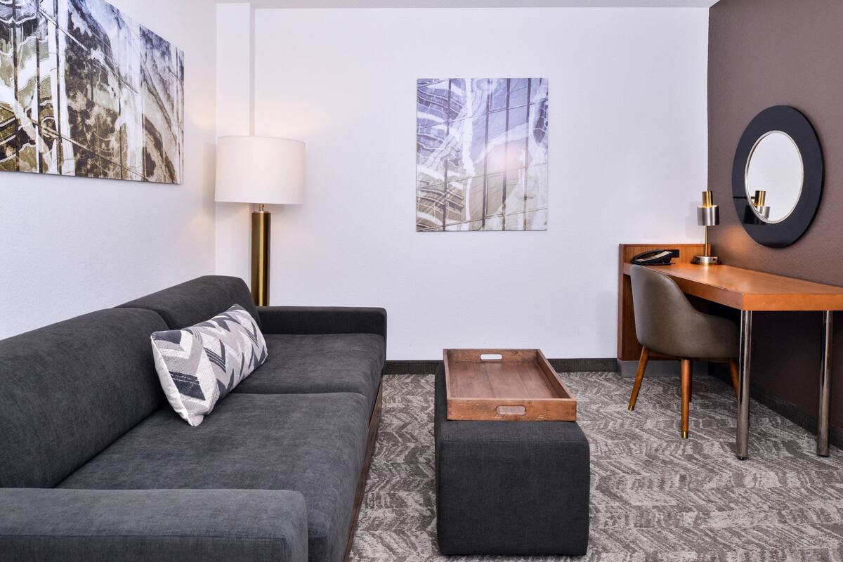 Una habitación de hotel moderna con un sofá gris, un escritorio de madera, un espejo y dos obras de arte colgadas en la pared.
