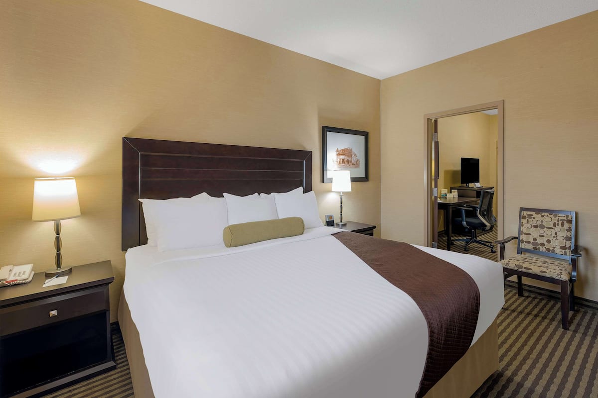 A hotel room with a large bed, a desk with a lamp, a chair, and a mirror.