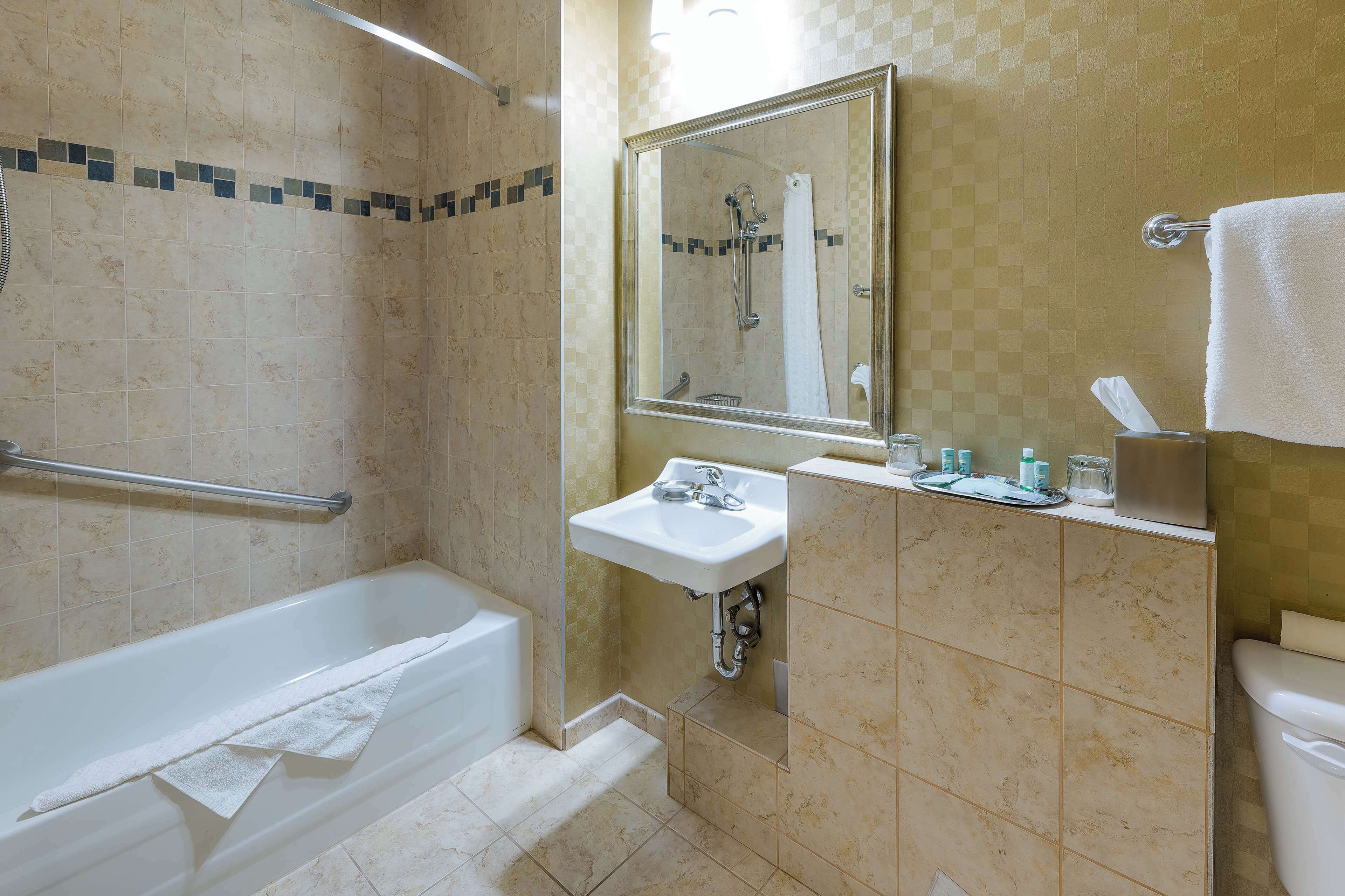 A bathroom with a bathtub, a sink, a mirror, and a toilet.