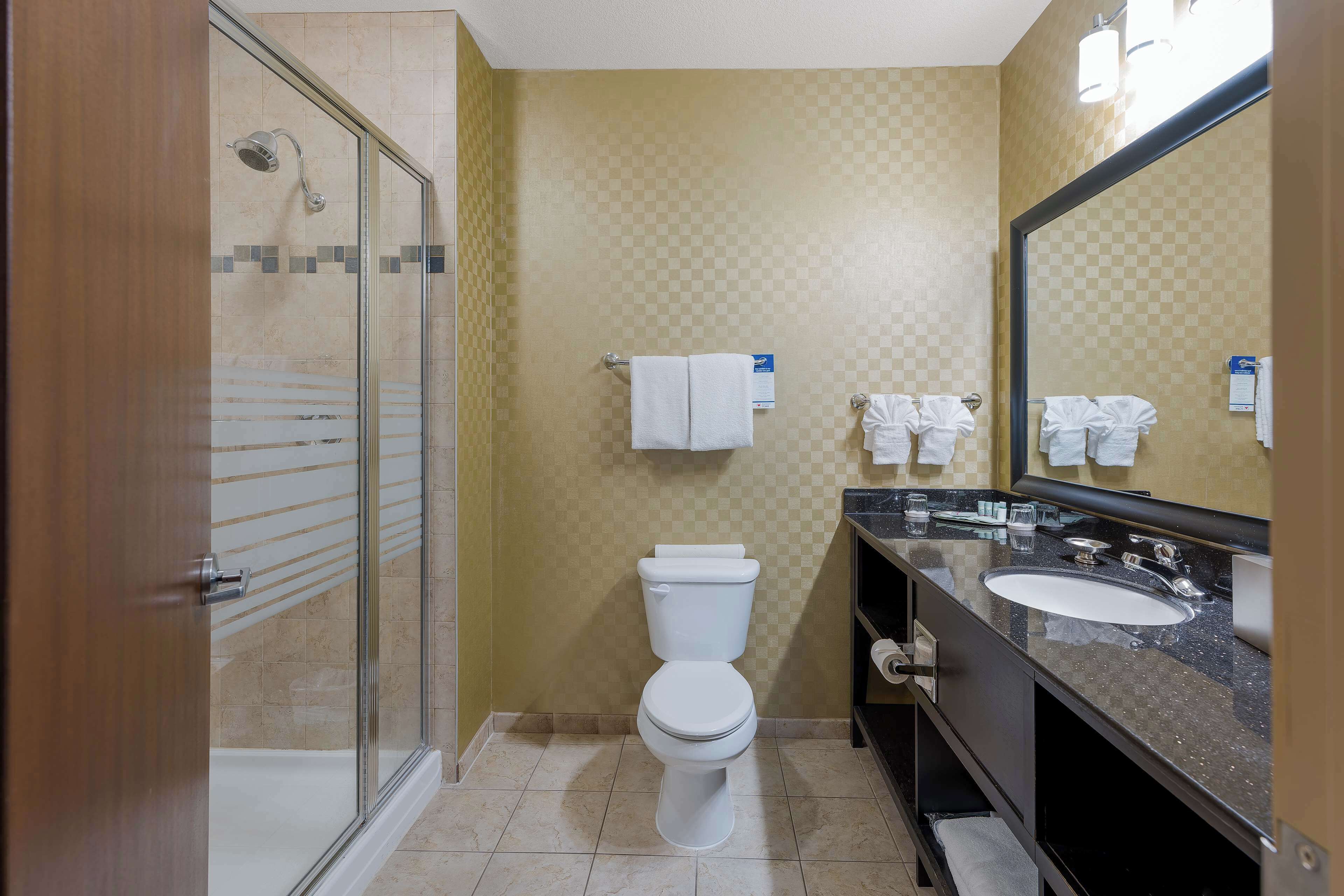 A hotel bathroom with a glass-enclosed shower, a white toilet, and a sink with a large mirror.