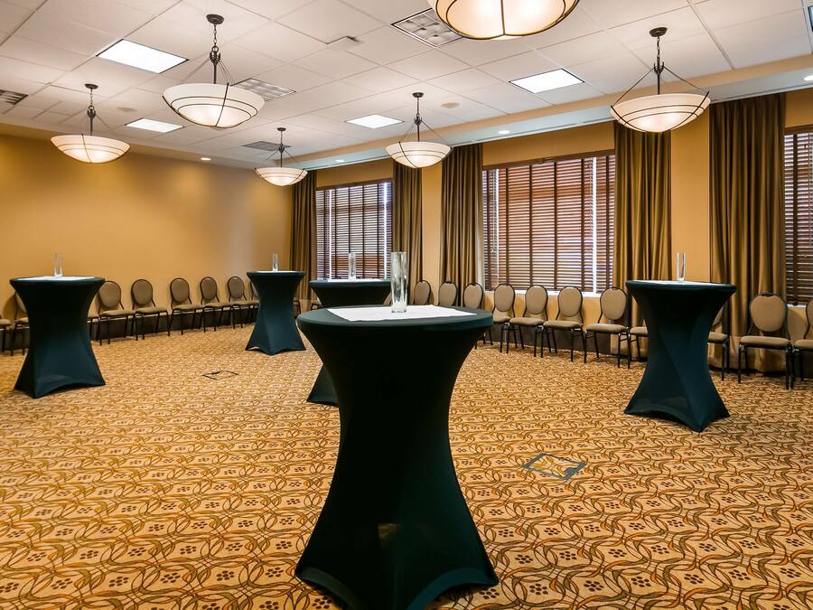 Une salle de conférence équipée de tables rondes, de chaises et d’un tapis à motifs.