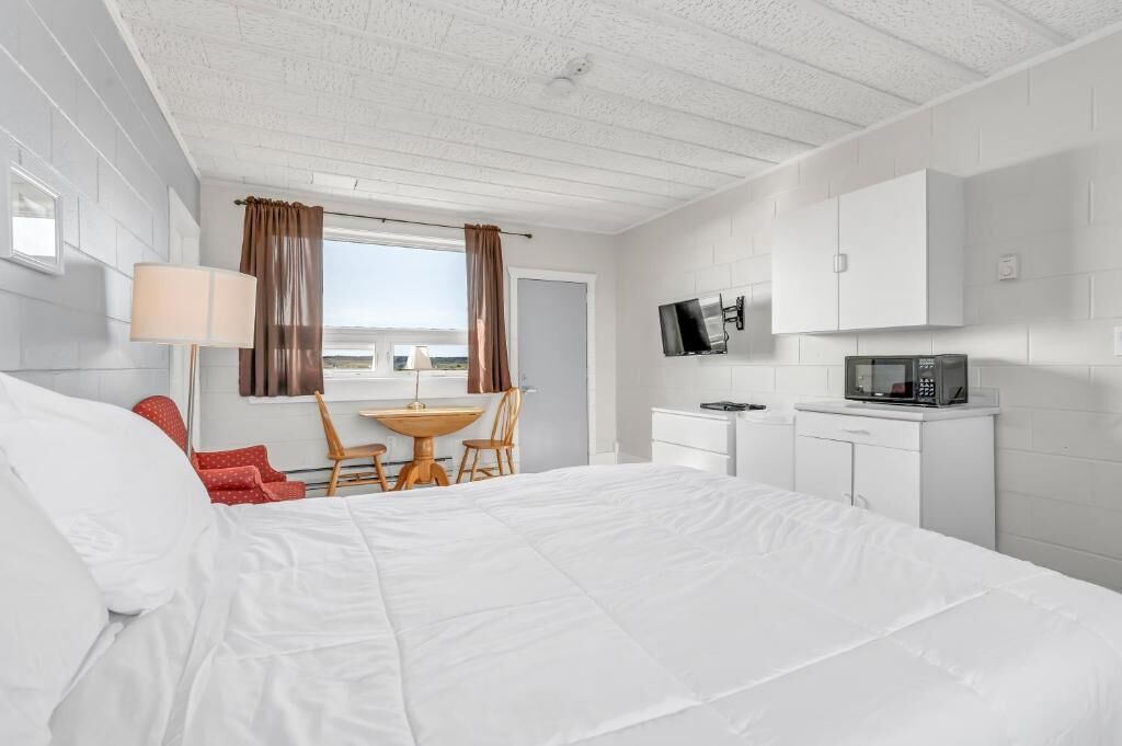 A hotel room with a large bed, a desk, a chair, a television, and a microwave.
