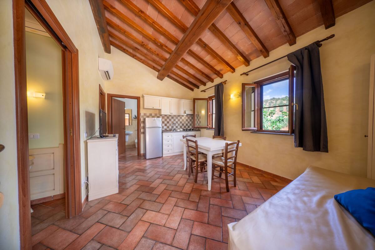 A room with a bed, a table with chairs, a kitchen area, and a window with curtains.