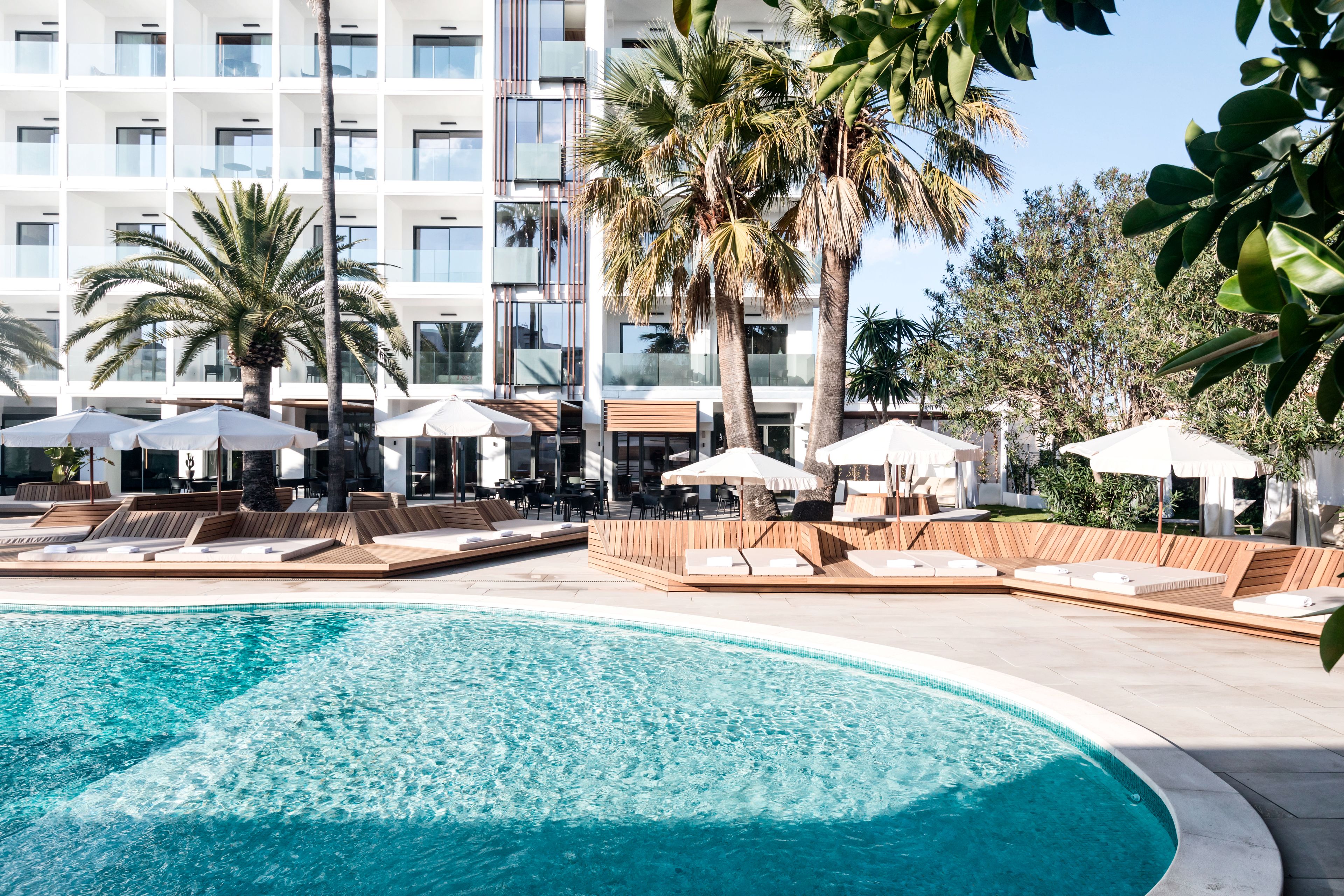 Zona de piscina con sillones de descanso y sombrillas, rodeada de palmeras y un edificio moderno al fondo.