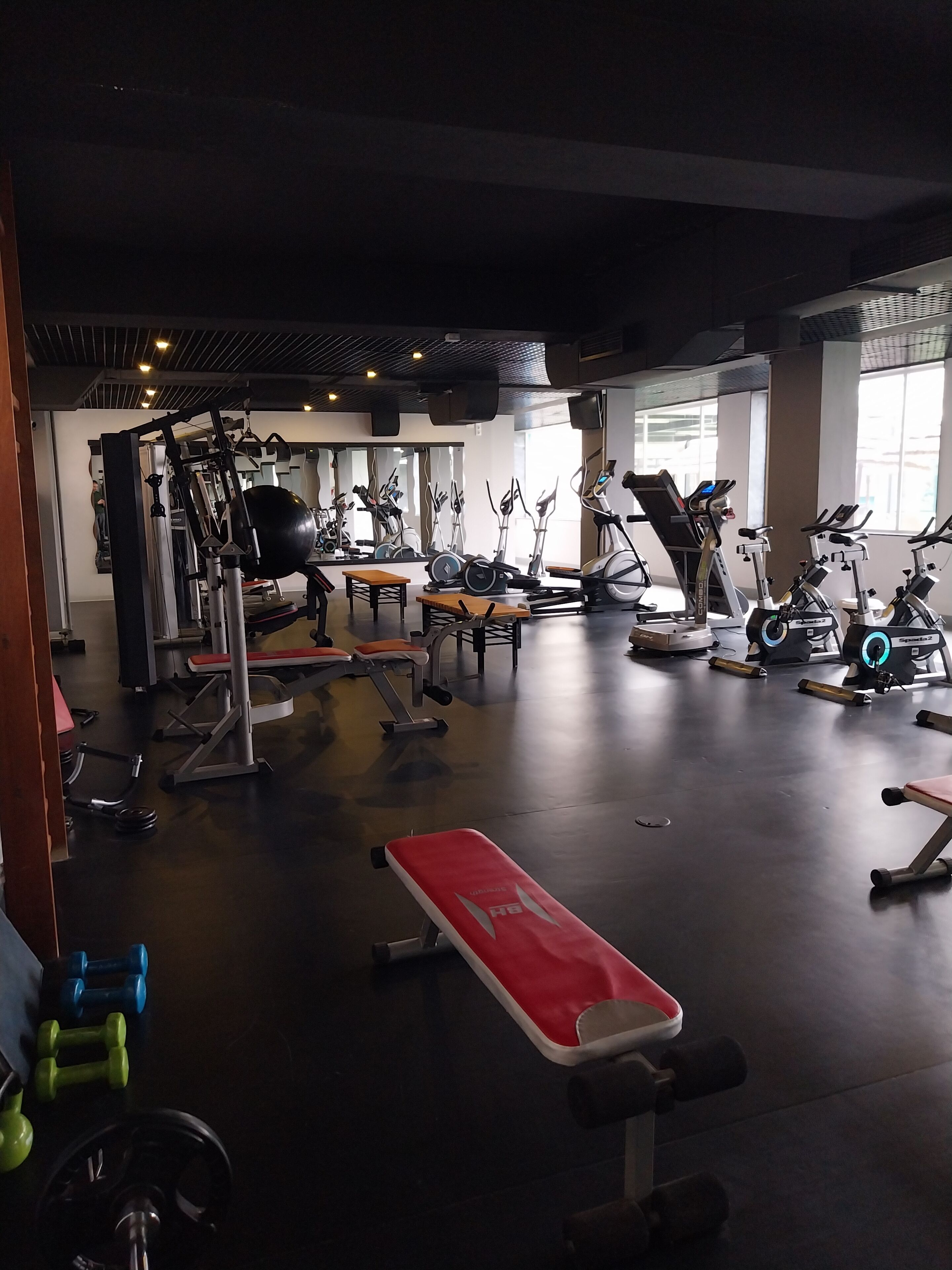 Een fitnessruimte met diverse trainingsapparaten, waaronder loopbanden, hometrainers en krachtapparaten.