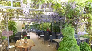 An outdoor cafe with tables and chairs, a pergola with hanging purple flowers, and a sign that reads "Café Gotti". - Hotel Adlerbräu (Gunzenhausen)