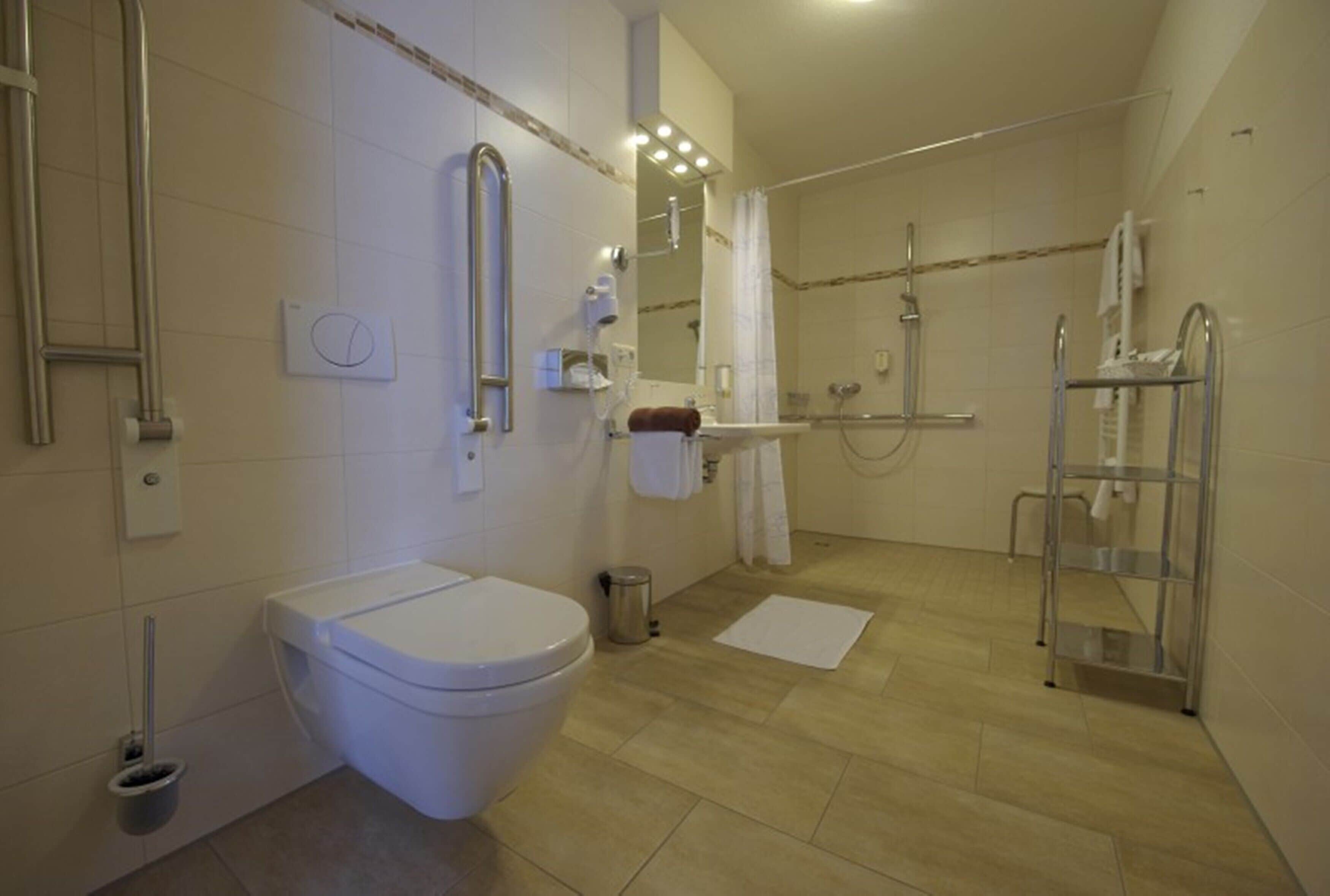 Ein modernes Badezimmer mit Toilette, Dusche und Haltegriffen.