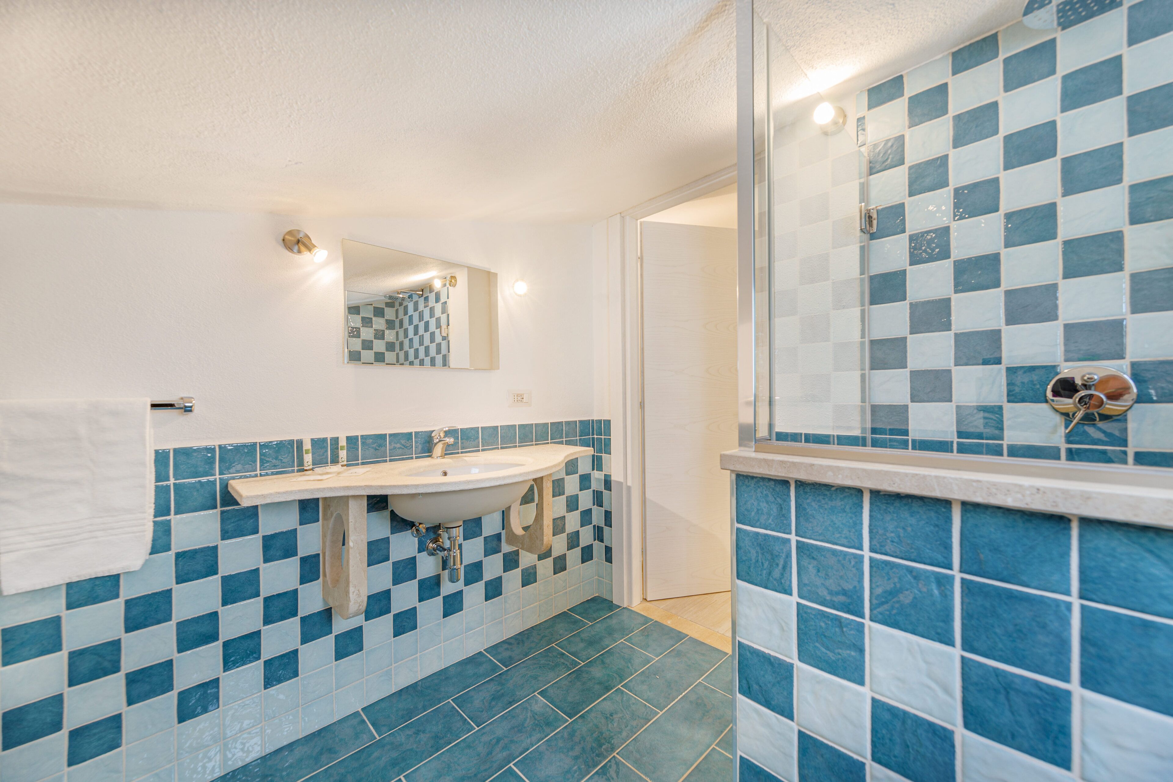 A bathroom with a sink, mirror, and blue checkered tiles.