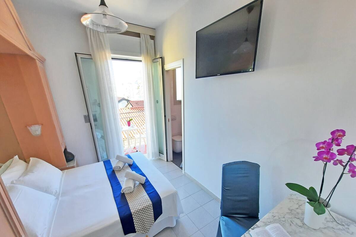 Une chambre d’hôtel avec un lit, une chaise, une table avec un livre, une plante en pot et un téléviseur fixé au mur.