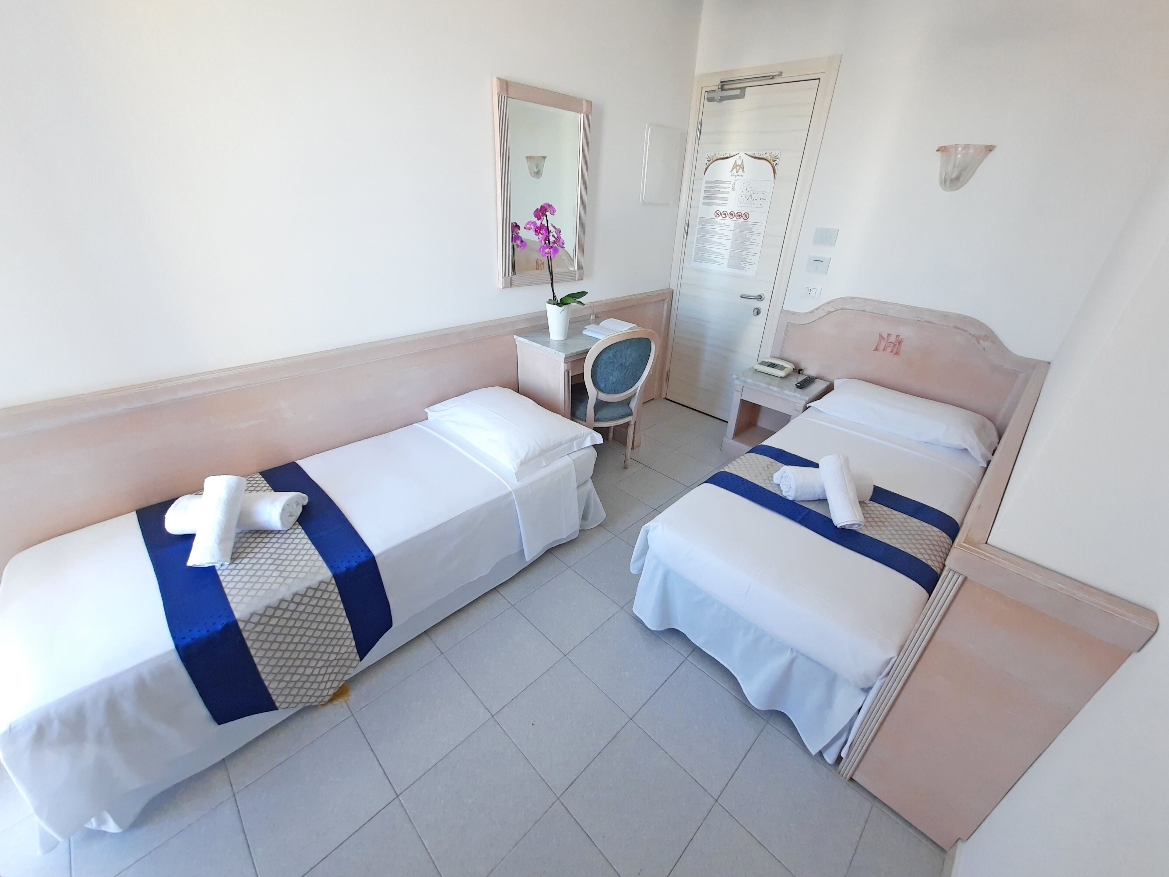 A hotel room with two single beds, a desk, a chair, a mirror, a wardrobe, and a small potted plant.