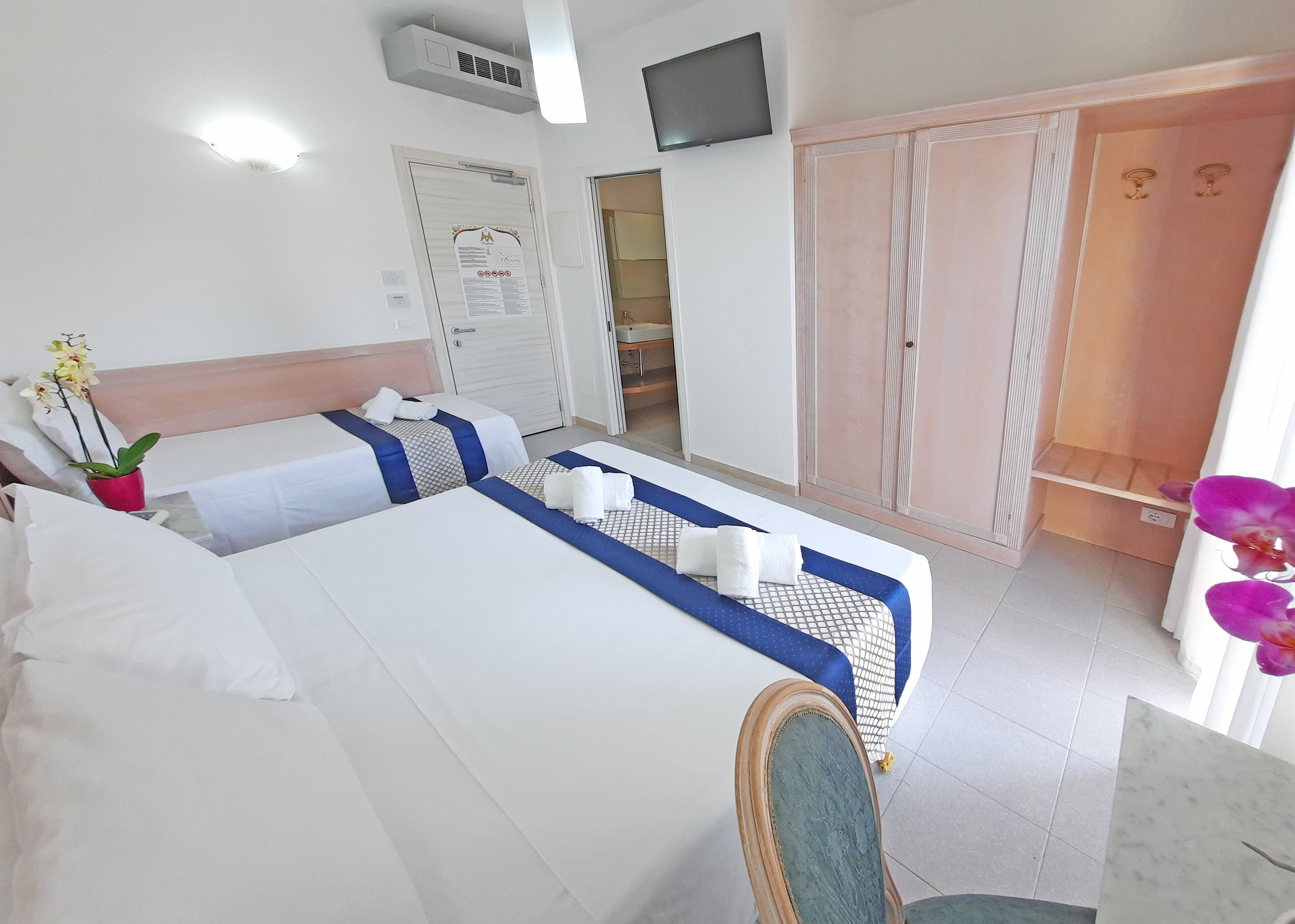 Quarto de hotel com duas camas, televisão, guarda-roupa e espelho.